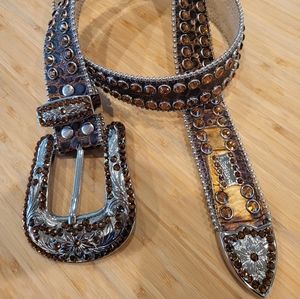 B.B. Simon Smooth Leather Crystal Studded Belt Size XL Made in USA